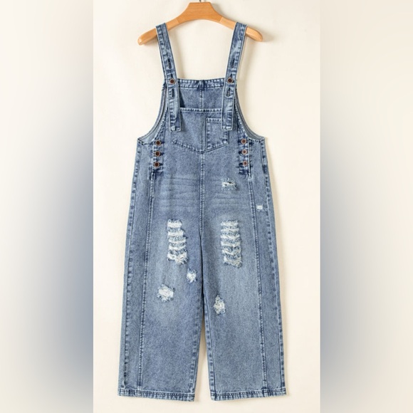 Women's Blue Denim Distressed Button Overalls - Picture 4 of 8